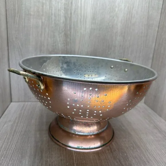 Vintage Solid Copper Colander Made in Korea w/ Brass Handles Wide Flare Patina - Picture 2 of 12